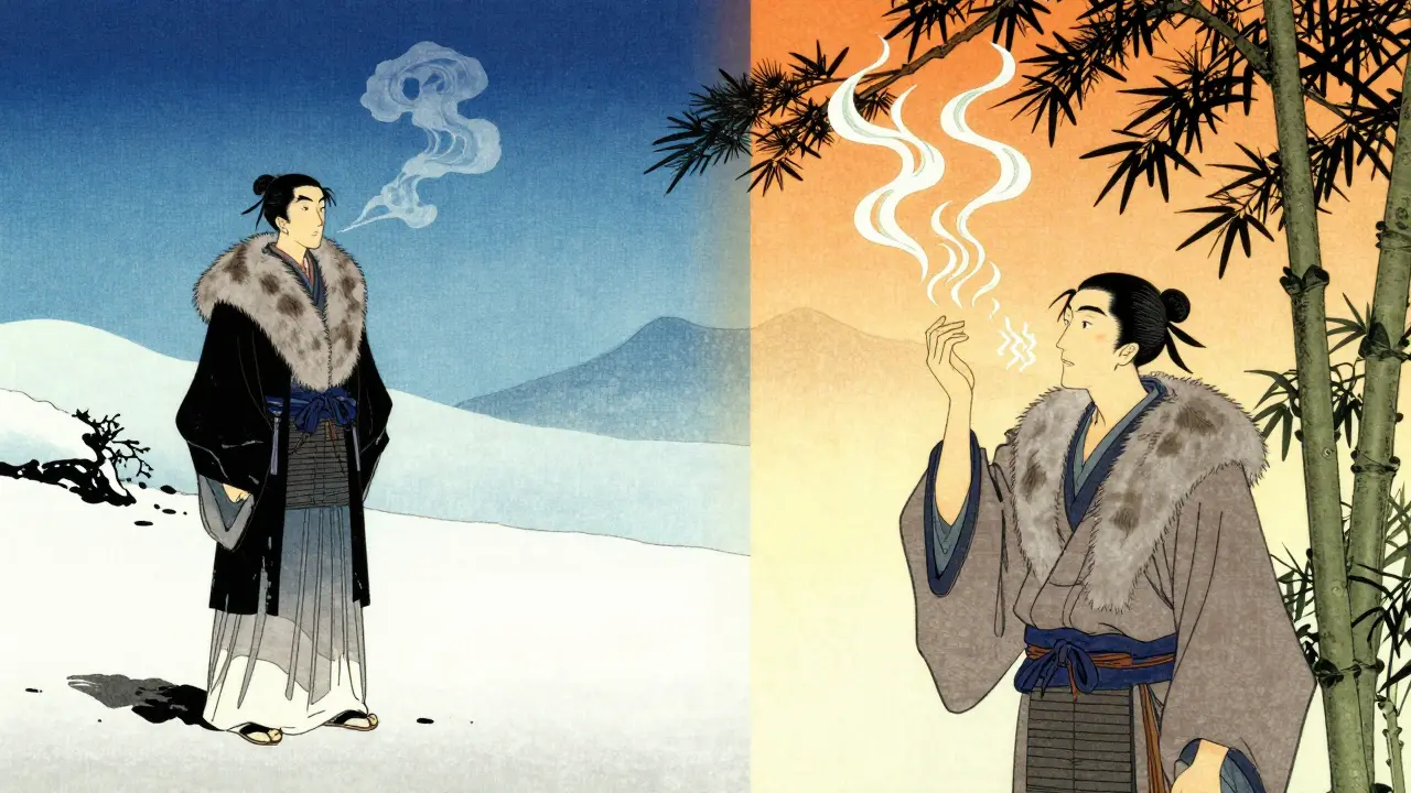 Сравнение зимнего и летнего поведения аромата в традиционном японском пейзаже.