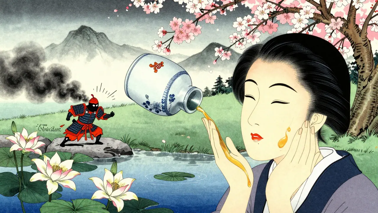 Сыворотка с витамином С как золотой поток в японском саду, борющийся с загрязнением.