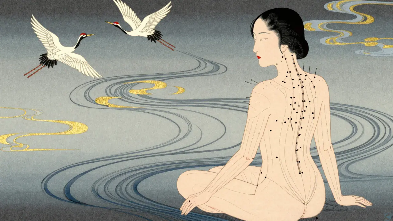 Точечная мезотерапия с акупунктурными точками, соединёнными потоками энергии, в стиле укиё-э с кранами и облаками.