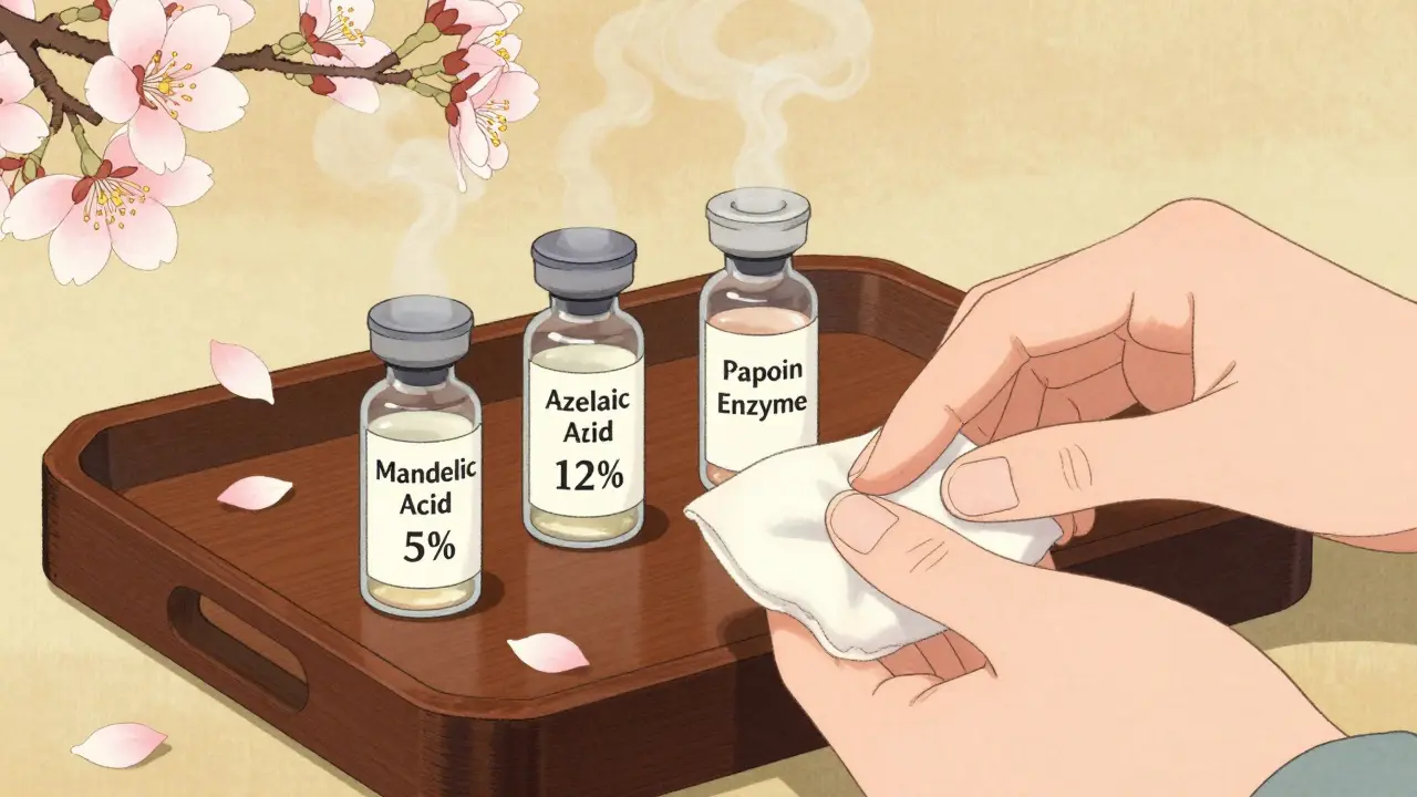 Три безопасных средства для пилинга при беременности на деревянном подносе с цветами сакуры.