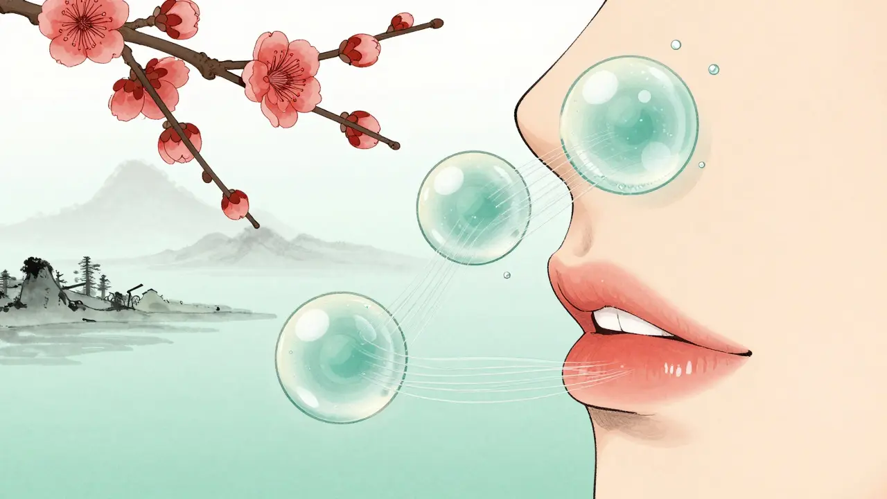 Три прозрачные молекулы гиалуроновой кислоты увлажняют губы, окружённые цветами сливового дерева.