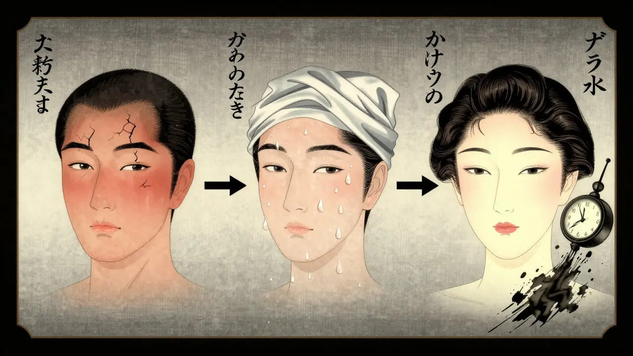 Три стадии подготовки кожи: сгоревшая, увлажнённая, сияющая — изображены как укладка в стиле укиё-э.