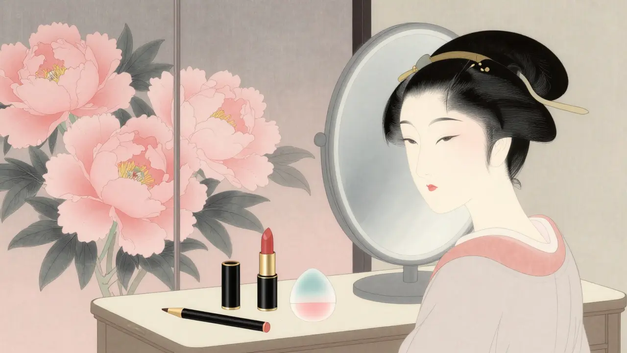 Ванна с косметикой и зеркалом, отражающим спокойное лицо, в стиле укиё-э.