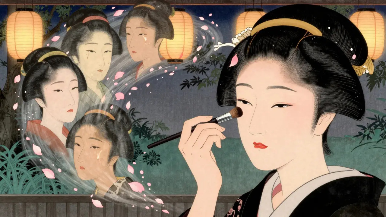 Визажист наносит тональный крем кистью, вокруг — растворяющиеся ошибки в виде лепестков вишни и фонариков.