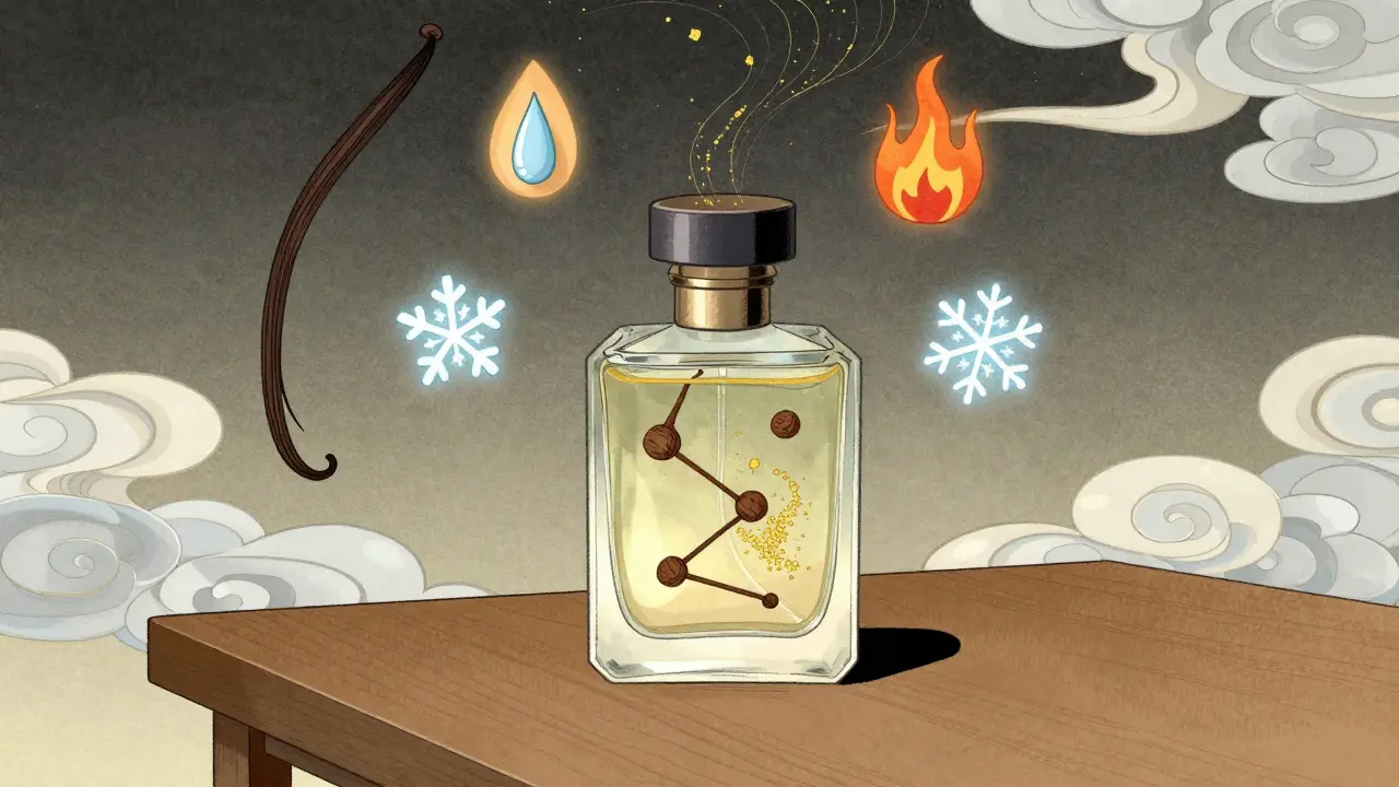 Волшебная флакон с ароматическими нотами, окруженная символами, влияющими на стойкость.