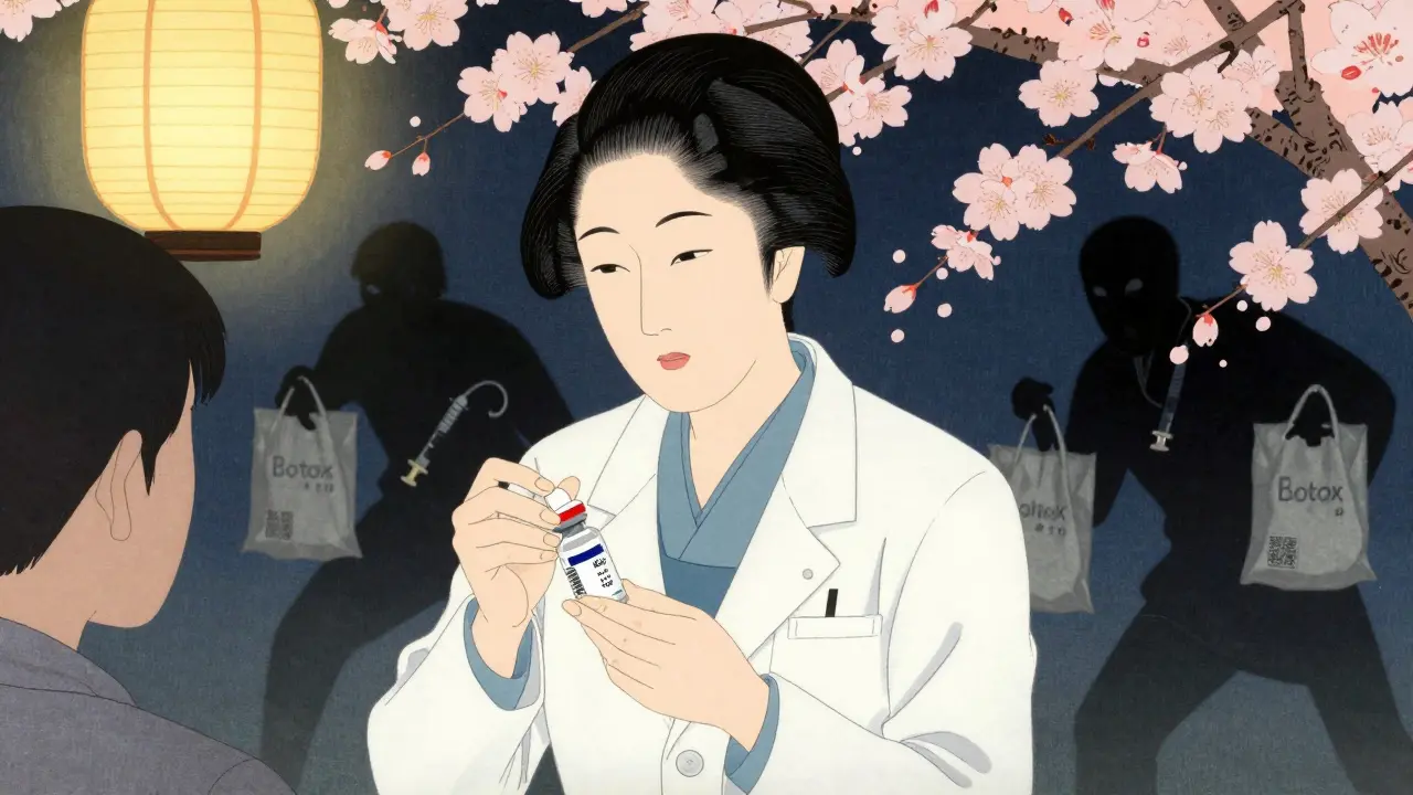 Врач открывает оригинальный флакон ботокса перед пациенткой, вокруг — ветви сакуры и мягкий свет.