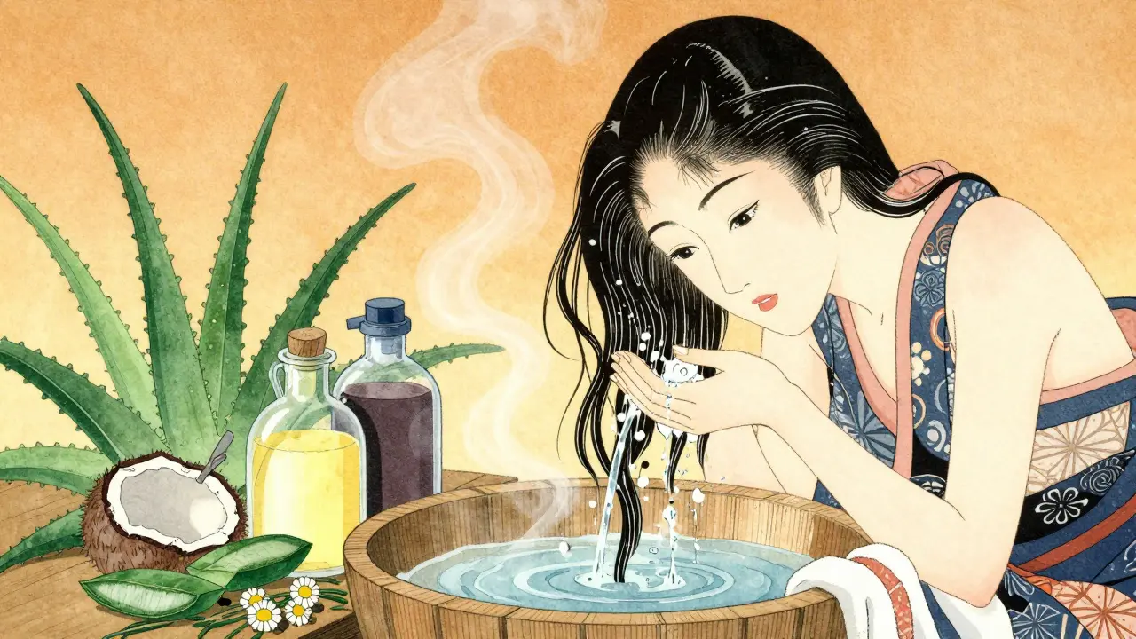 Женщина моет волосы в деревянной чаше с алоэ вера и ромашкой, вода стекает волнами.