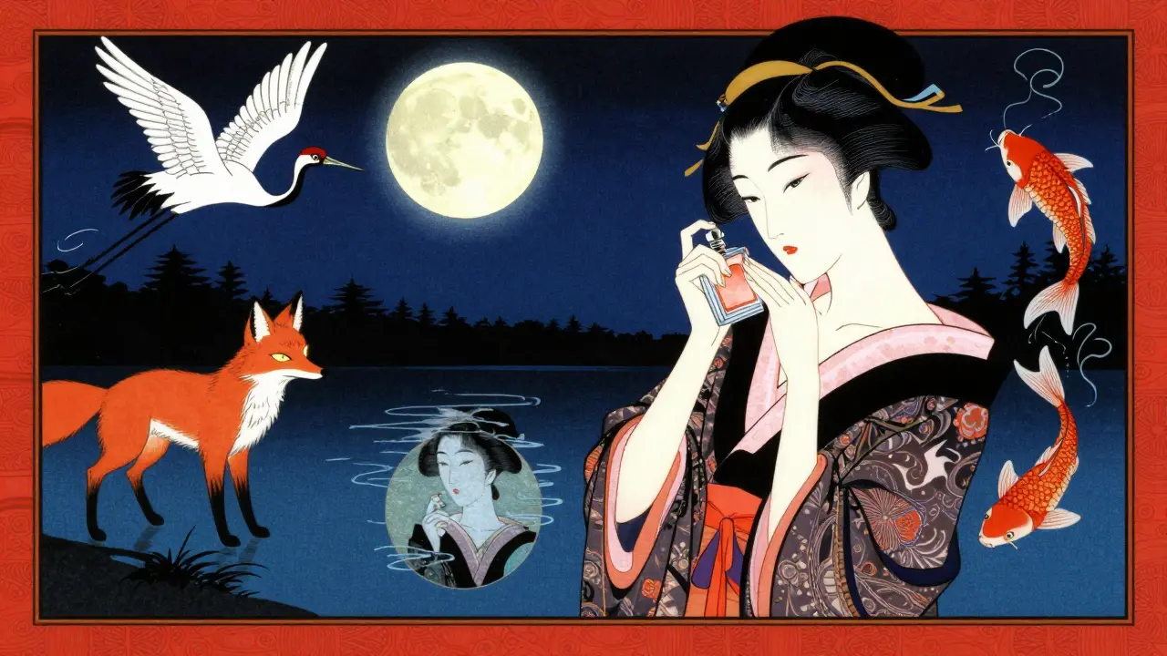 Женщина наносит духи при лунном свете, её отражение в пруду показывает уверенную версию себя, вокруг — символические животные.