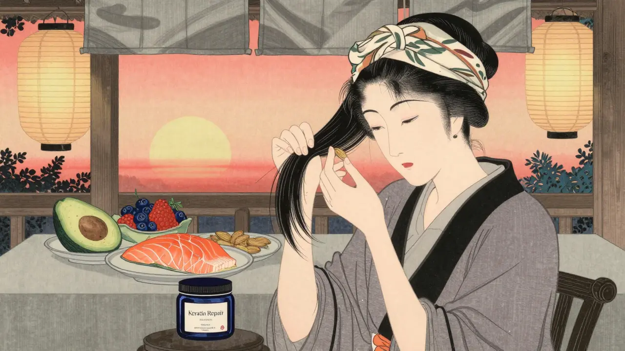 Женщина наносит масло на кончики волос под шелковым головным убором, рядом — фрукты и рыба для внутреннего ухода.
