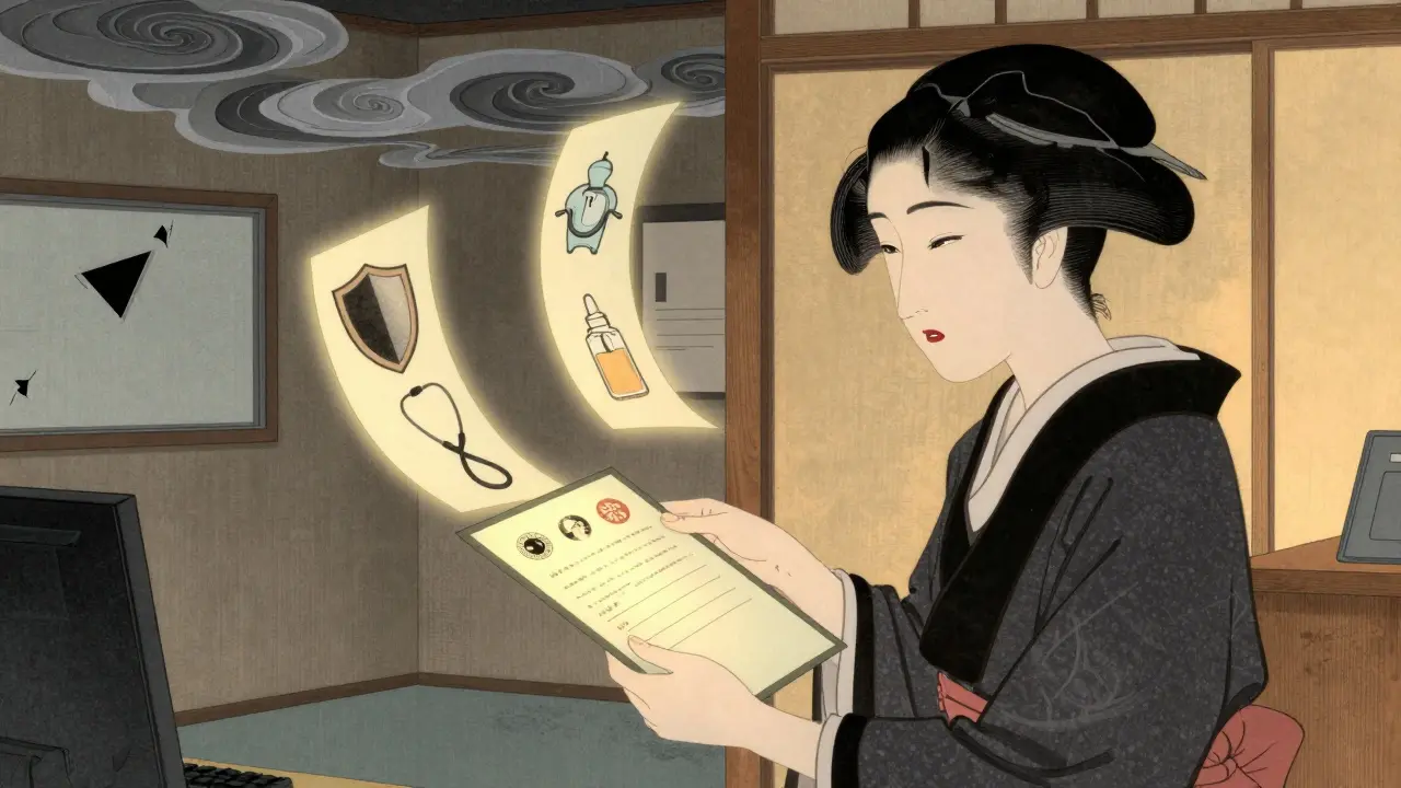 Женщина получает медицинские документы, рядом плавают символы безопасности в стиле японской гравюры.