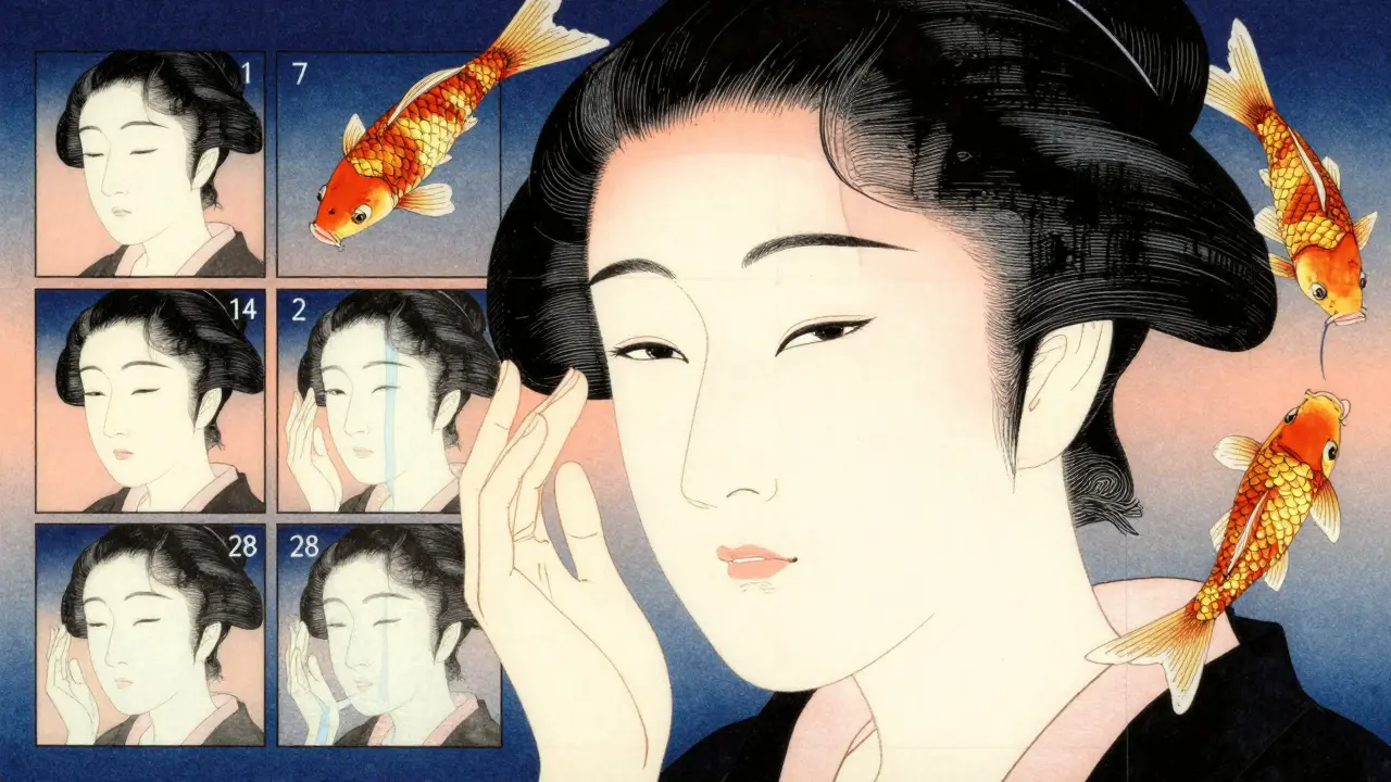 Женщина применяет ретинол на 28-й день, кожа сияет, вокруг — символы поэтапного восстановления.