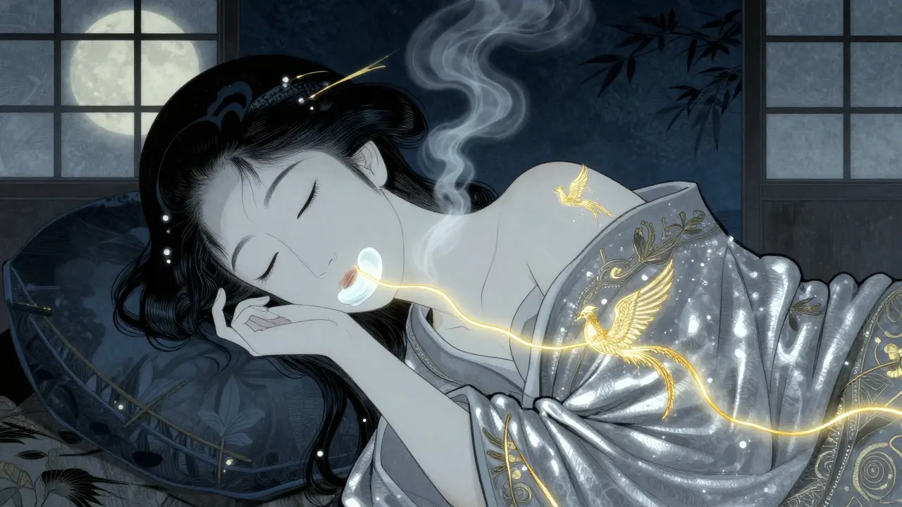 Женщина спит с бальзамом на губах, золотые нити увлажнения ткутся по коже под лунным светом.