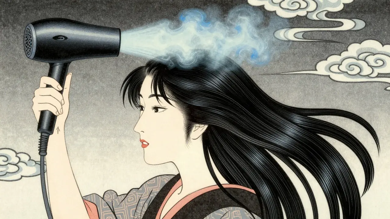 Женщина сушит волосы феном снизу вверх, холодный воздух закрывает кутикулу.