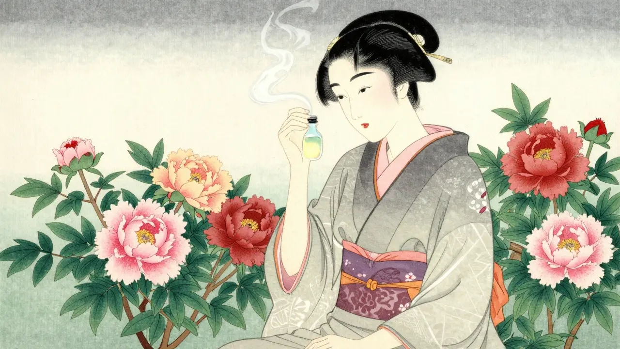 Женщина в саду держит волшебный флакон, из которого исходит свет, увлажняя кожу.