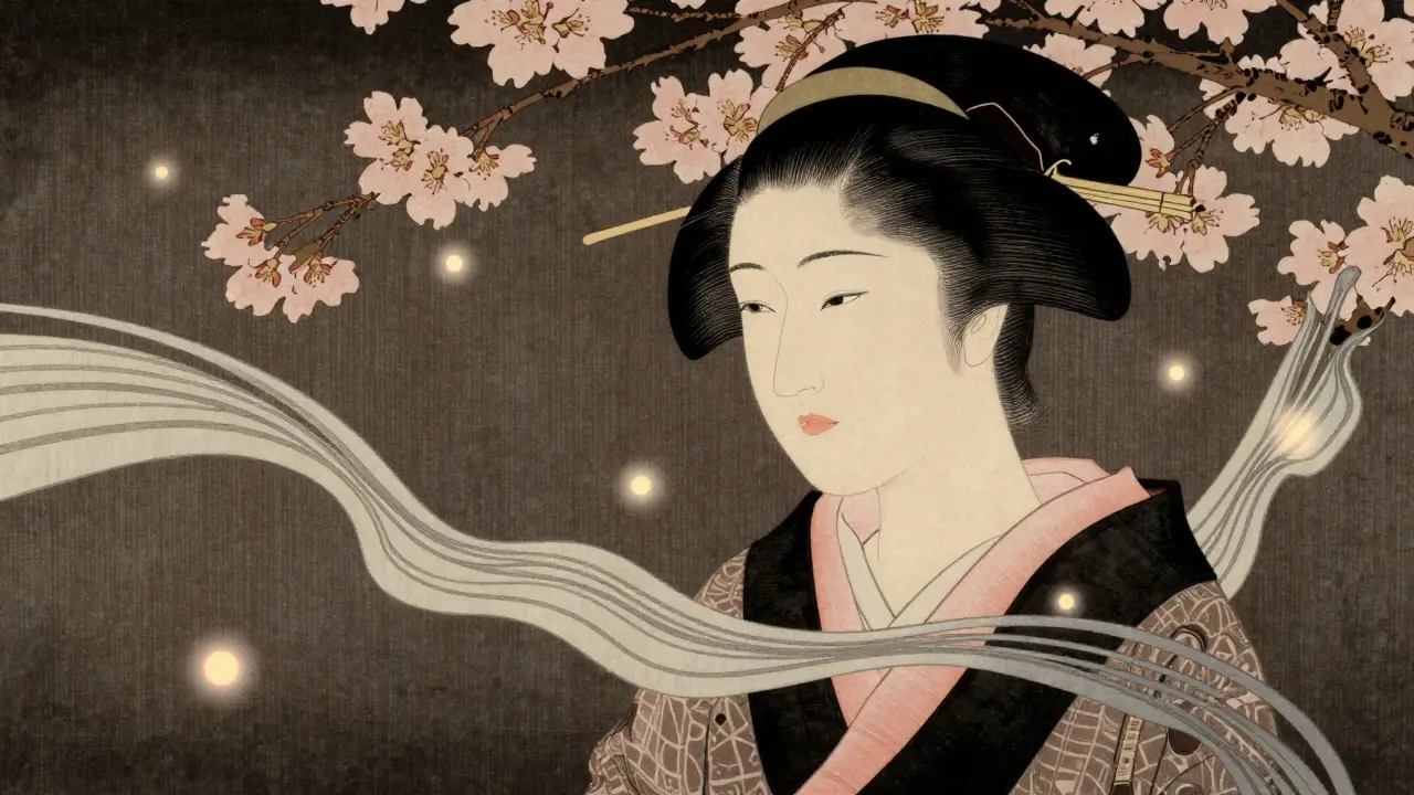 Зрелая женщина окружена мягкими нитями и сияющими шарами — символы естественного обновления.