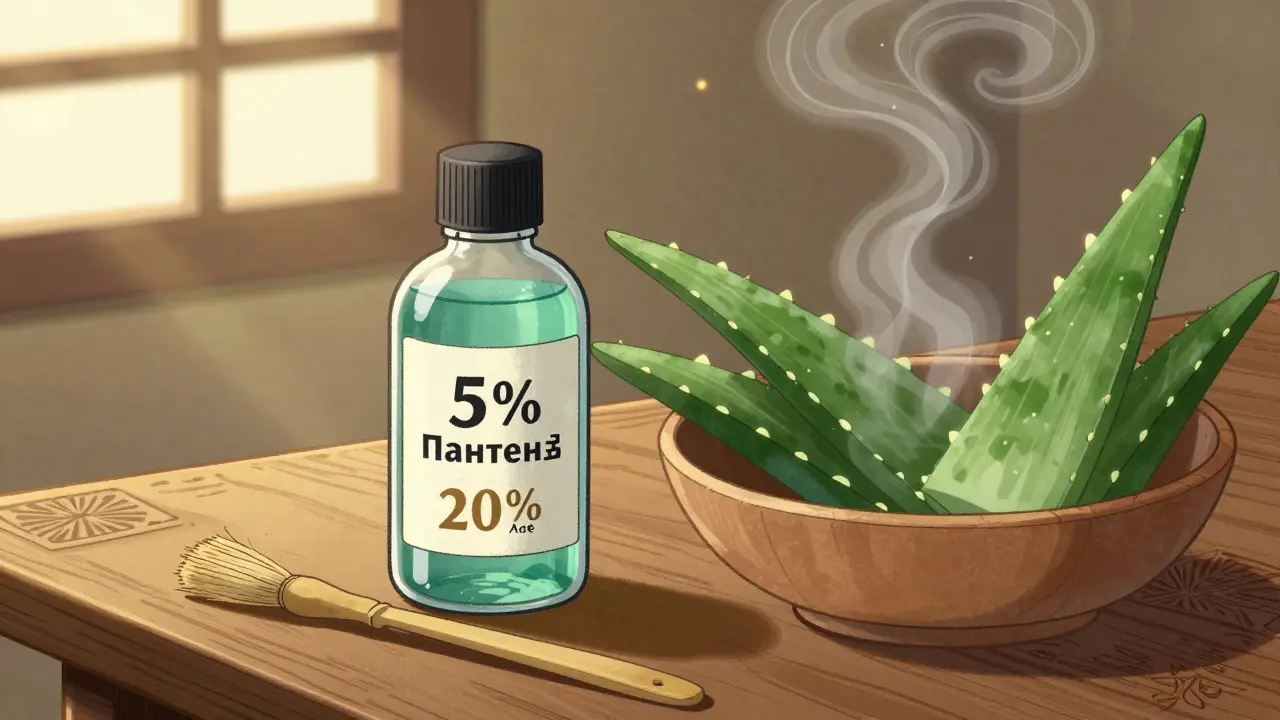 Бутылка с пантенолом и алоэ на деревянном столе рядом с листьями алоэ и кистью, мягкий свет через экраны.