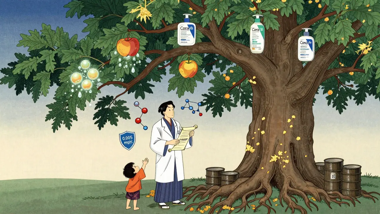 Дерево с косметическими брендами в корнях, дерматолог держит сертификат, в японском художественном стиле.