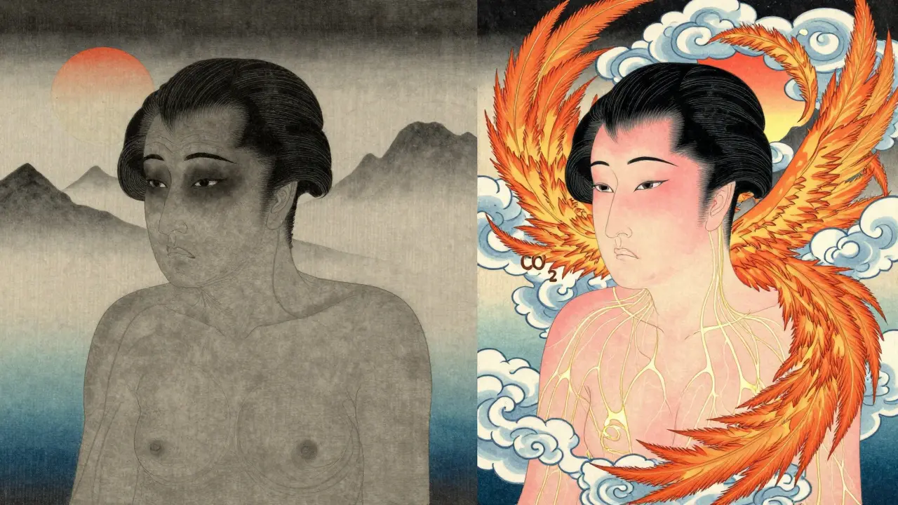 Диptyх: слева тусклая кожа, справа сияющая — углекислый газ превращается в перья феникса, символизируя омоложение.