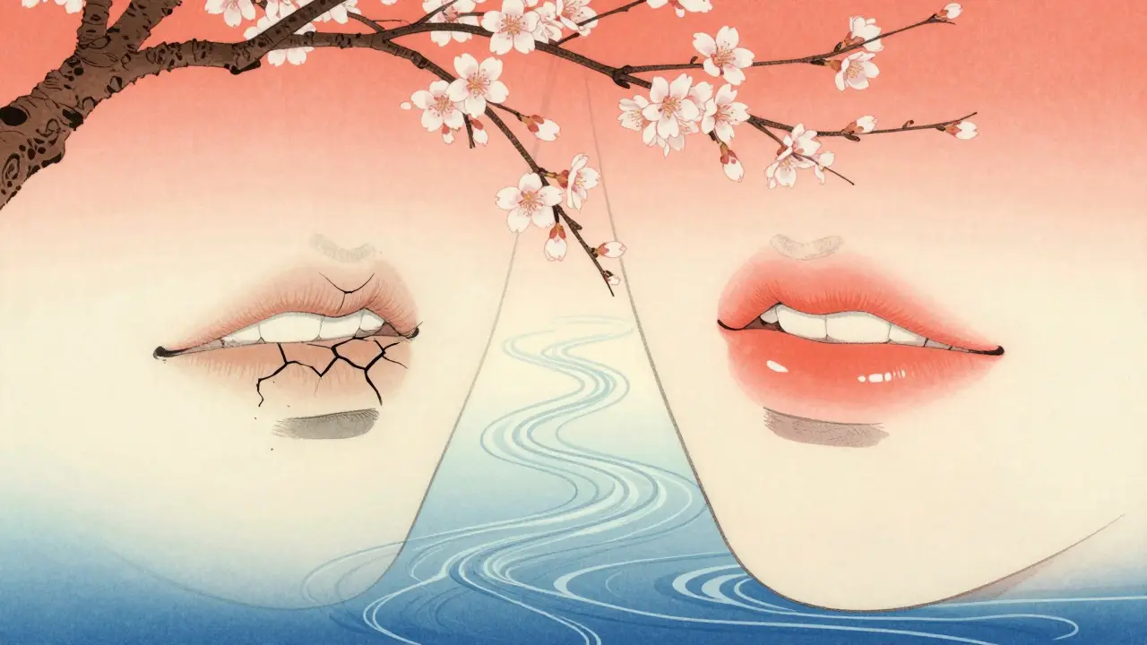 До и после: треснувшие губы и гладкие, разделённые потоком шёлка.