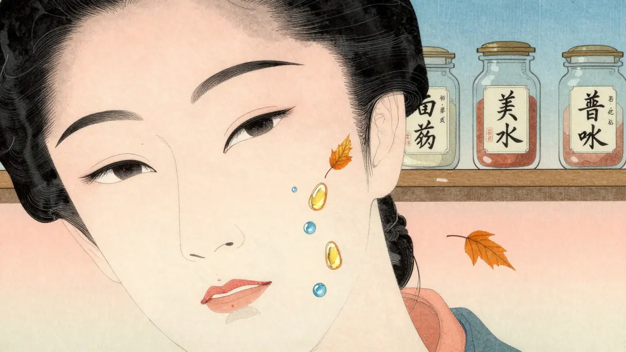 Лицо с морщинами, постепенно заполняемыми каплями гиалуроновой кислоты и кристаллами ниацинамида, на фоне деревянных баночек с активными ингредиентами.