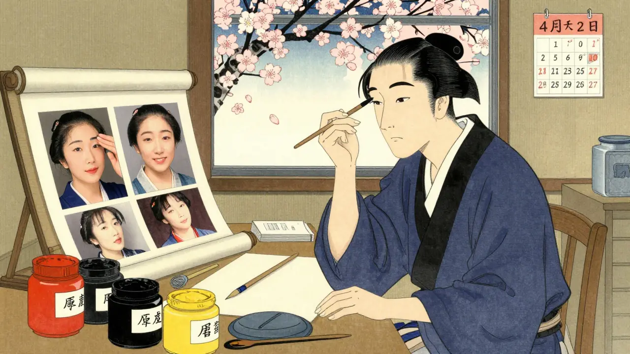 Мастер в студии с пигментами и портфолио, клиент улыбается, за окном падают лепестки сакуры.