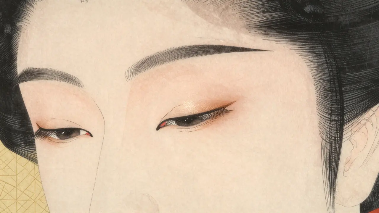 Матовые тени на веке без перламутра, подчеркивающие естественную форму, без морщинок на фоне традиционной текстуры бумаги.