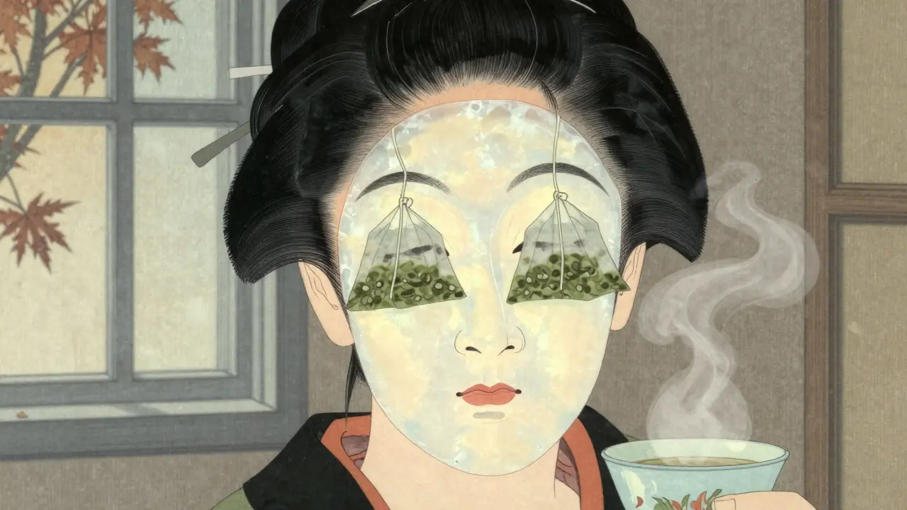 На лице женщины — маска, на веках — пакетики зелёного чая, мягкий утренний свет.