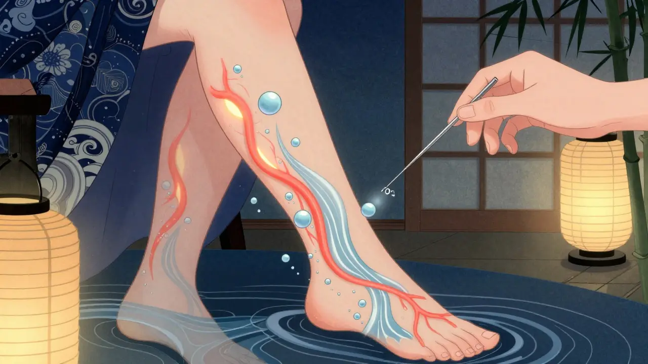 На ноге женщины целлюлит превращается в потоки кислородных пузырьков, переплетённых с японскими волнообразными узорами.