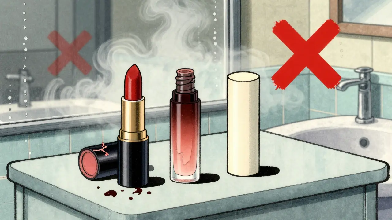 Портящиеся помады на ванной тумбочке, влажность и плесень в фоне, символизирующие неправильное хранение.