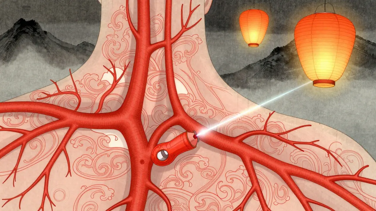 Прозрачная кожа с капиллярами как узорами, лазер запаивает сосуд, витамины как фонарики