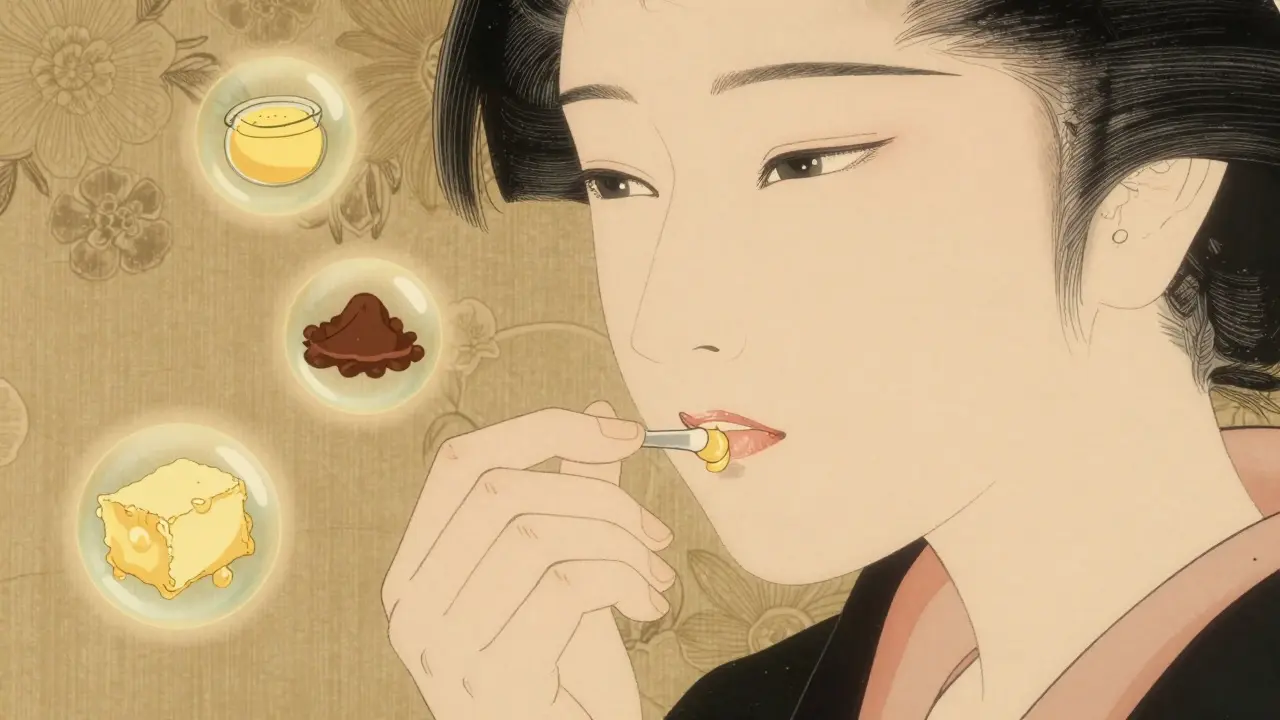 Рука наносит скраб для губ, рядом плавают полупрозрачные капли масел.