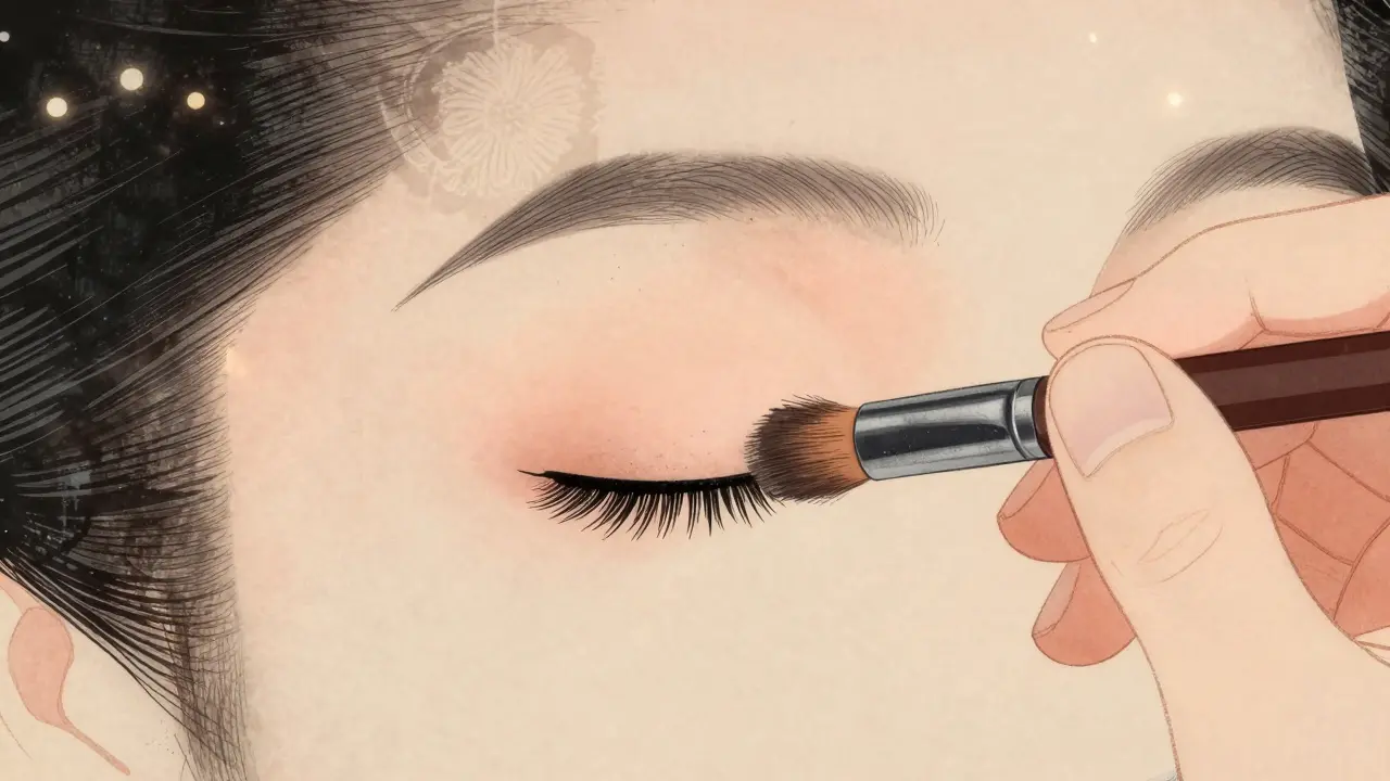 Руки визажиста наносят матовую тень кистью с плотным ворсом