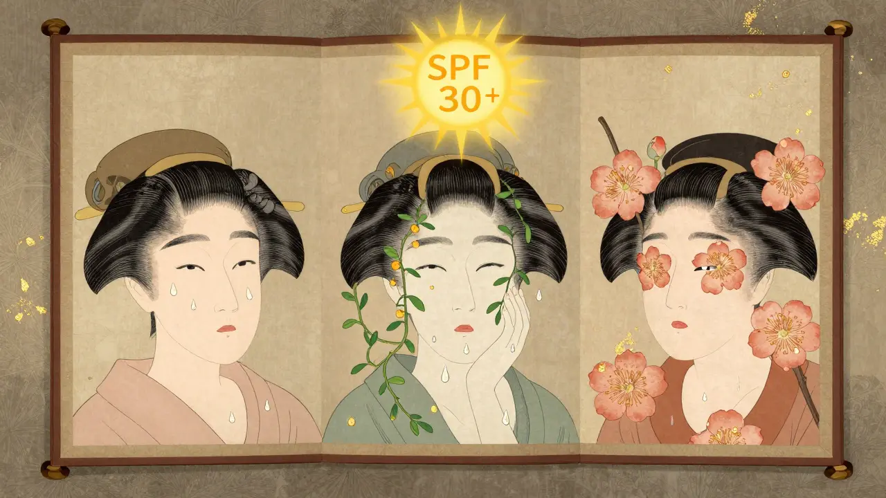 Сезонный график ухода за кожей: весна, лето, осень — каждый этап символизирует этап улучшения кожи, с изображением SPF и натуральных элементов.