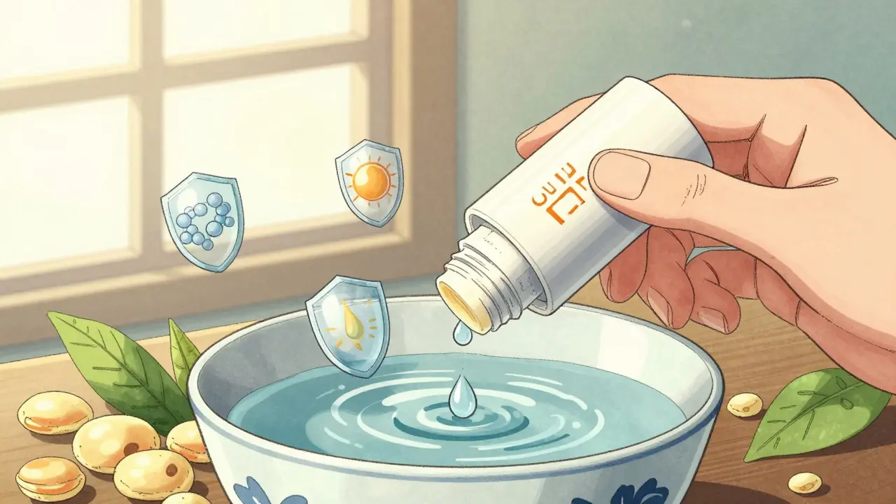 SPF-стик рядом с каплей воды, превращающейся в защитный щит, укиё-э иллюстрация.