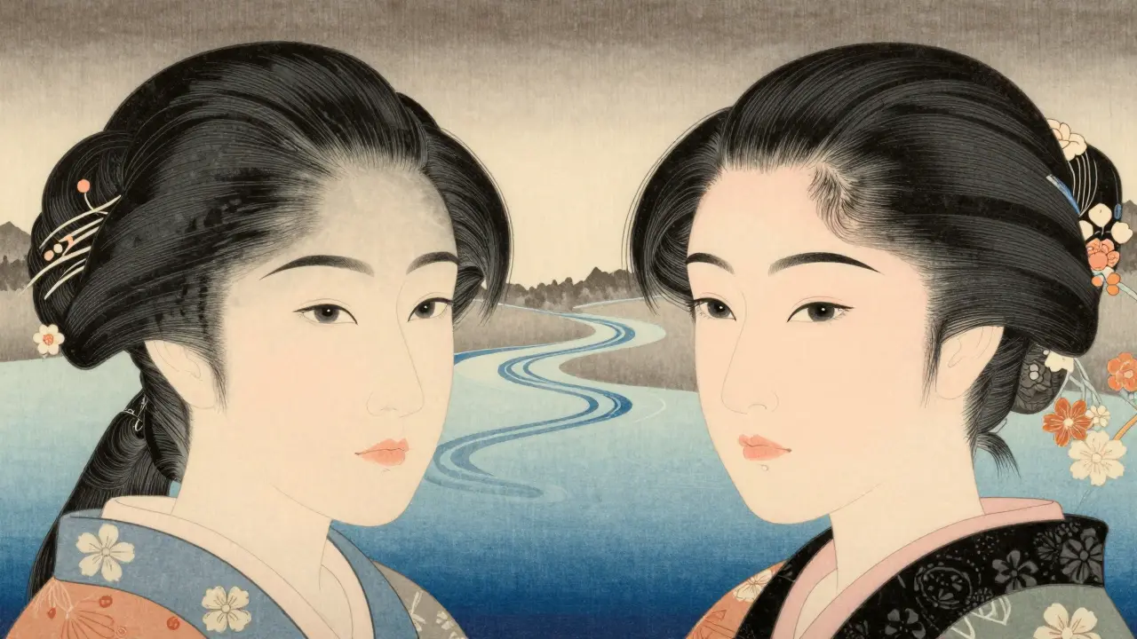 Сравнение двух бровей: одна естественная, другая с синеватым оттенком, разделённые цветочными узорами.