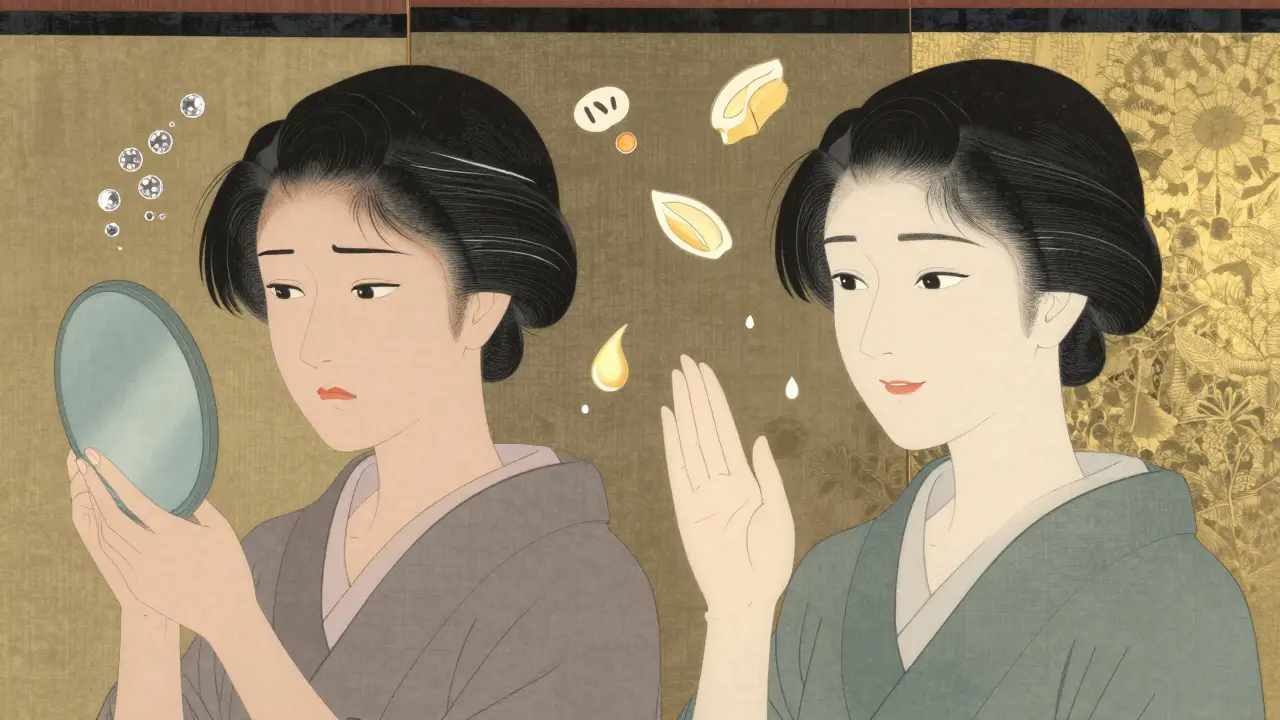 Сравнение: одна женщина с белым следом, другая — без него, в японском стиле.