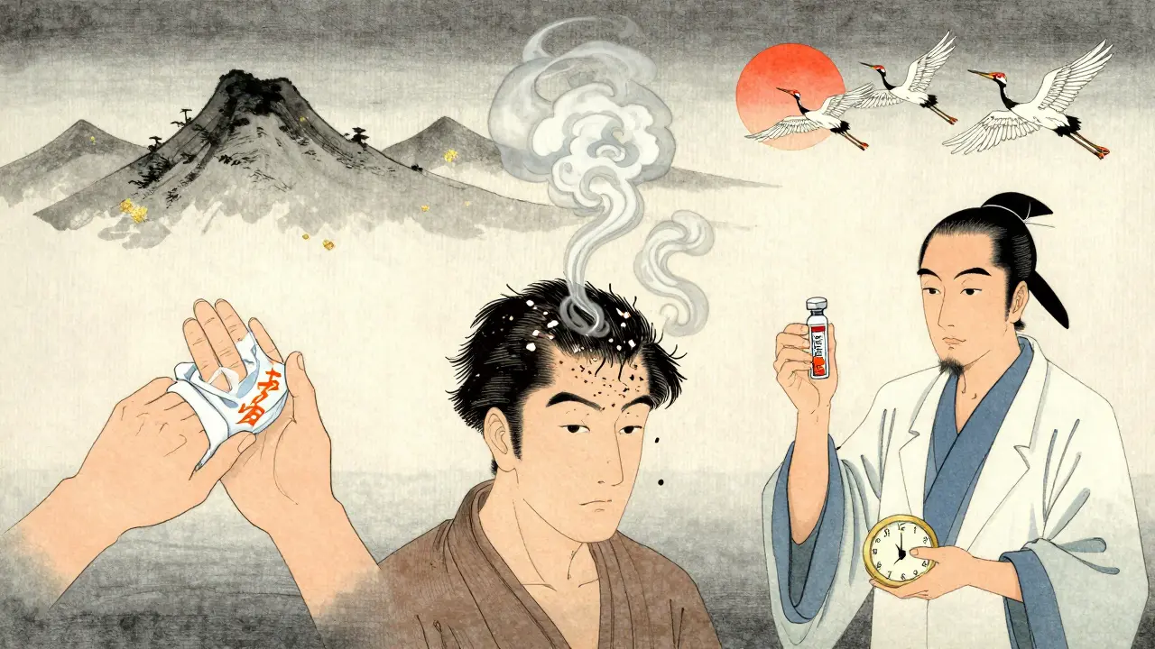 Три этапа лечения: шампунь, пары лекарств и таблетки, изображённые в стиле традиционной японской гравюры.