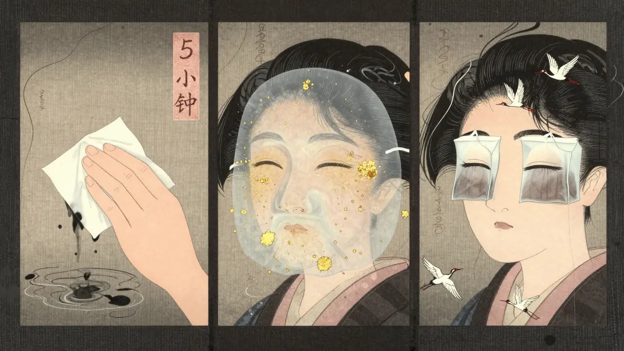 Три сцены ухода за кожей: очищение, маска, охлаждение — в стиле укиё-э.