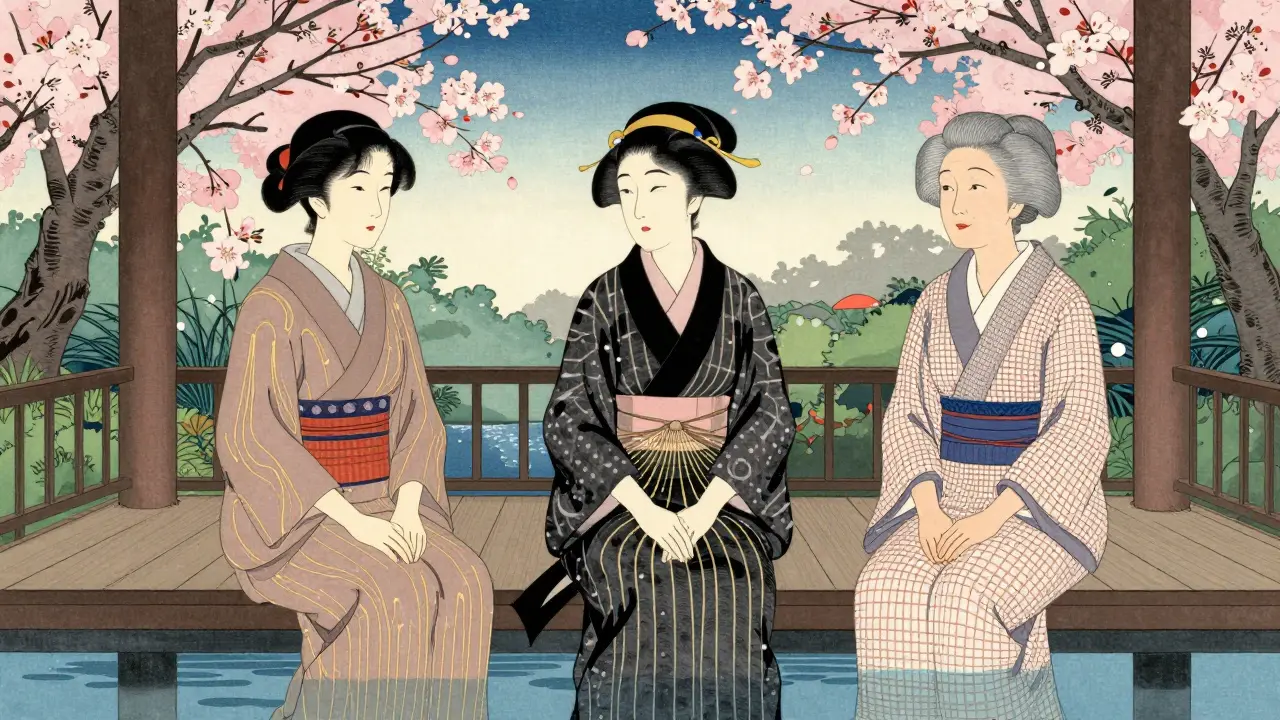 Три женщины разных возрастов получают RF-терапию в саду, каждая с уникальными волнами.