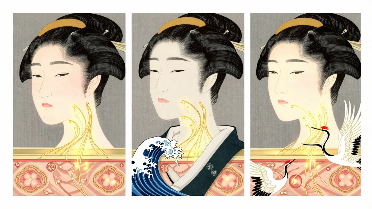 Три зоны кожи — лицо, шея и декольте — изображены как шелковые свитки с золотыми нитями гиалуроновой кислоты.