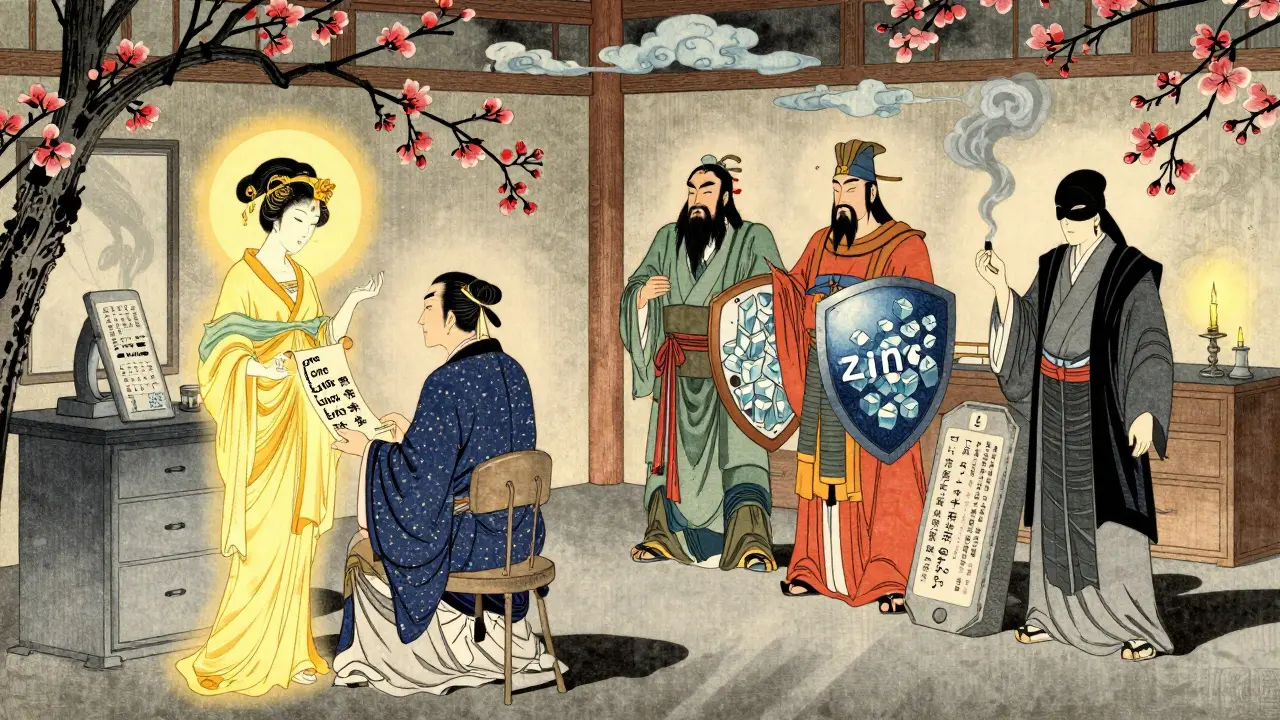 Учёный в традиционном одеянии изучает древние формулы против акне в стиле укиё-э.