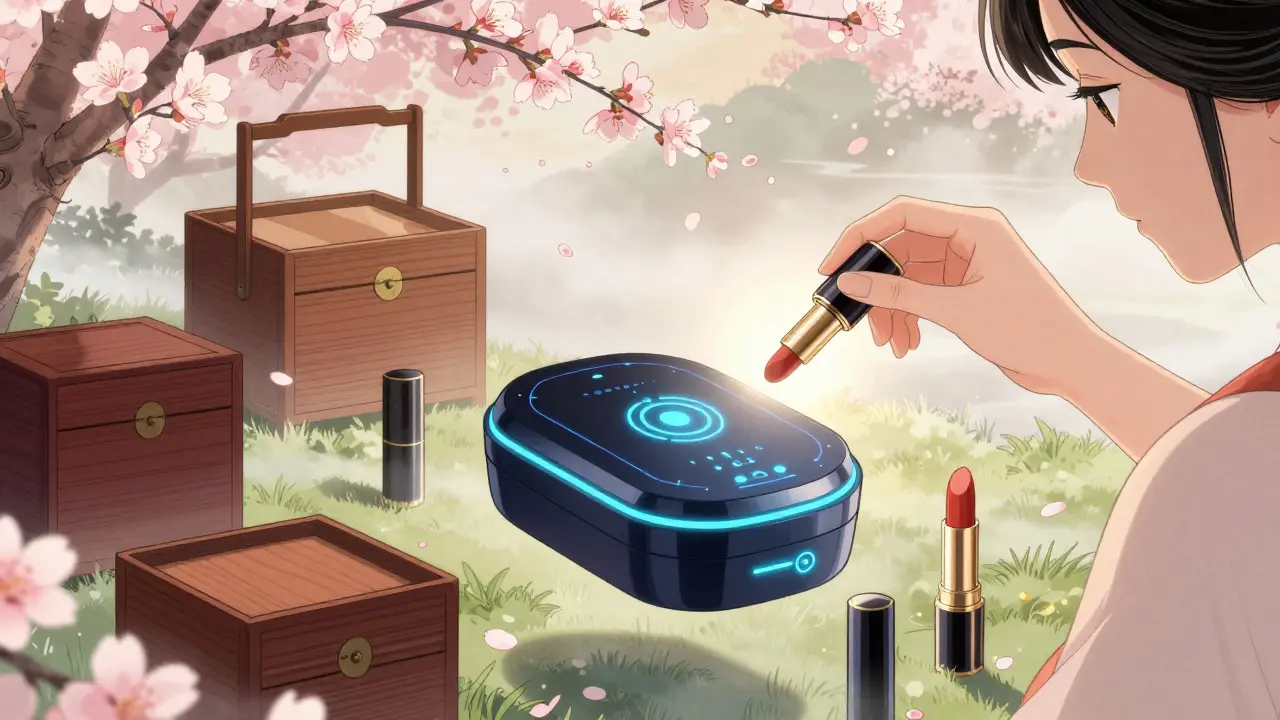 Умная косметичка с датчиками рядом с традиционными ящиками, помада вводится в безопасное хранилище.