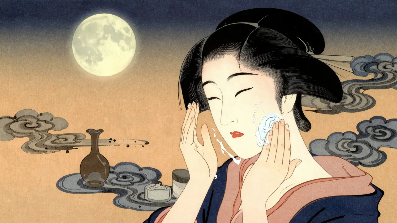 Вечерний уход за шеей: двойное очищение в тихой обстановке, традиционные сосуды и мягкий свет луны.