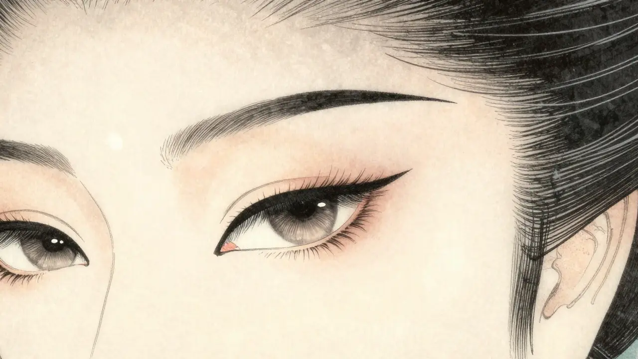 Верхняя стрелка, идущая вверх к виску, с заполненными промежутками между ресницами, без тени на нижнем веке.