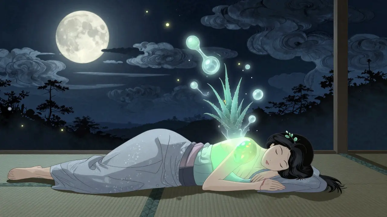 Женщина на татами, её кожа светится зелёным, вокруг — молекулы витамина С, как светлячки, ночное небо.
