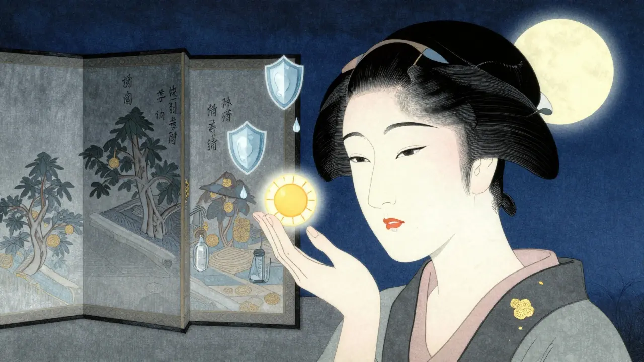 Женщина наносит крем ночью, вокруг нее защитные символы и лунный свет.