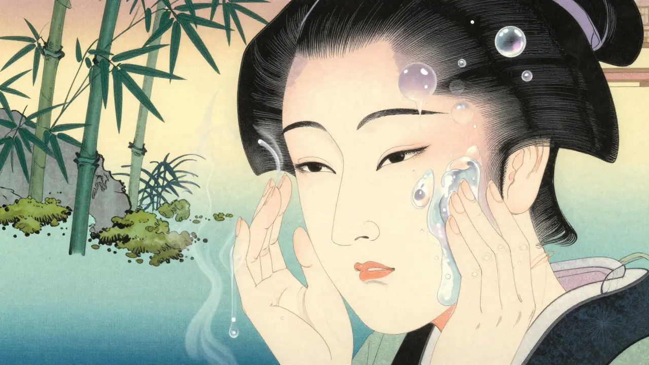 Женщина наносит сыворотку с гиалуроновой кислотой, вокруг нее светящиеся молекулы влаги.