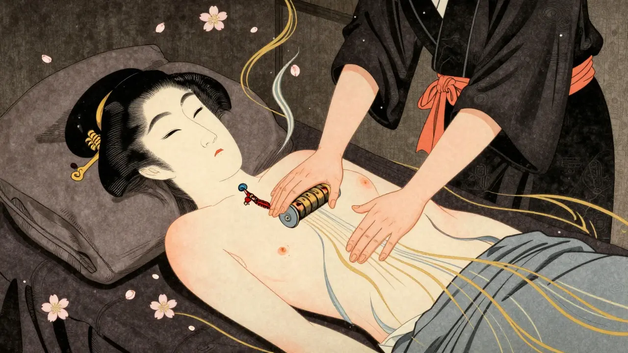 Женщина получает LPG-массаж, механические руки в стиле драконов, укиё-э.