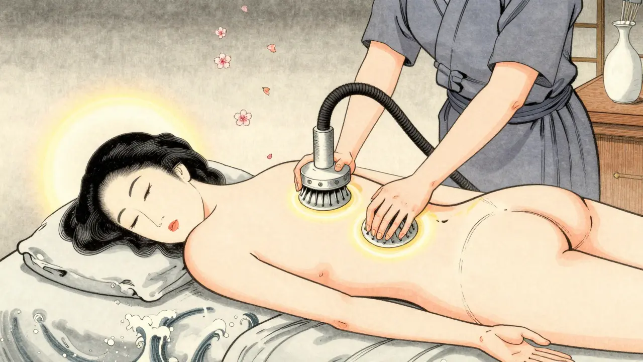 Женщина получает LPG-массаж в спокойной клинике, с волнообразными движениями и вишневыми лепестками.