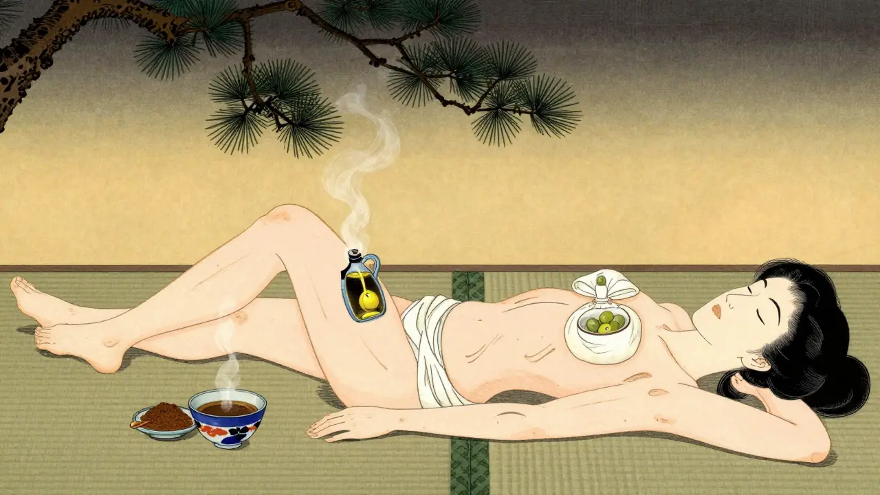 Женщина с кофейным обертыванием на бедрах, традиционный японский интерьер.